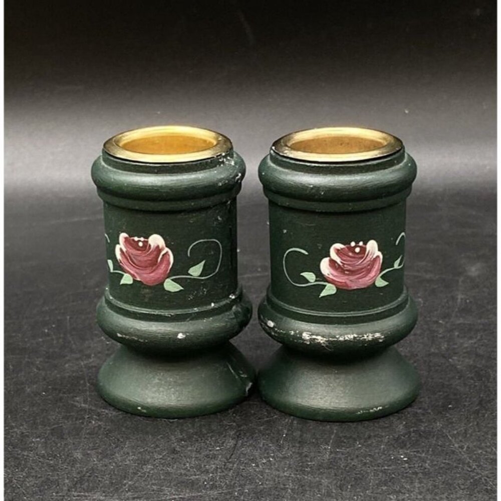 Hand Painted Floral Wood Green Pair Candle Holder Norwegian Rosemaling